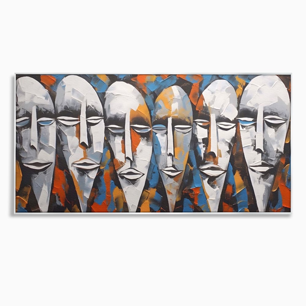 Tablou canvas cu tablou abstract cu masti tribale albe, in rama de aluminiu argintiu